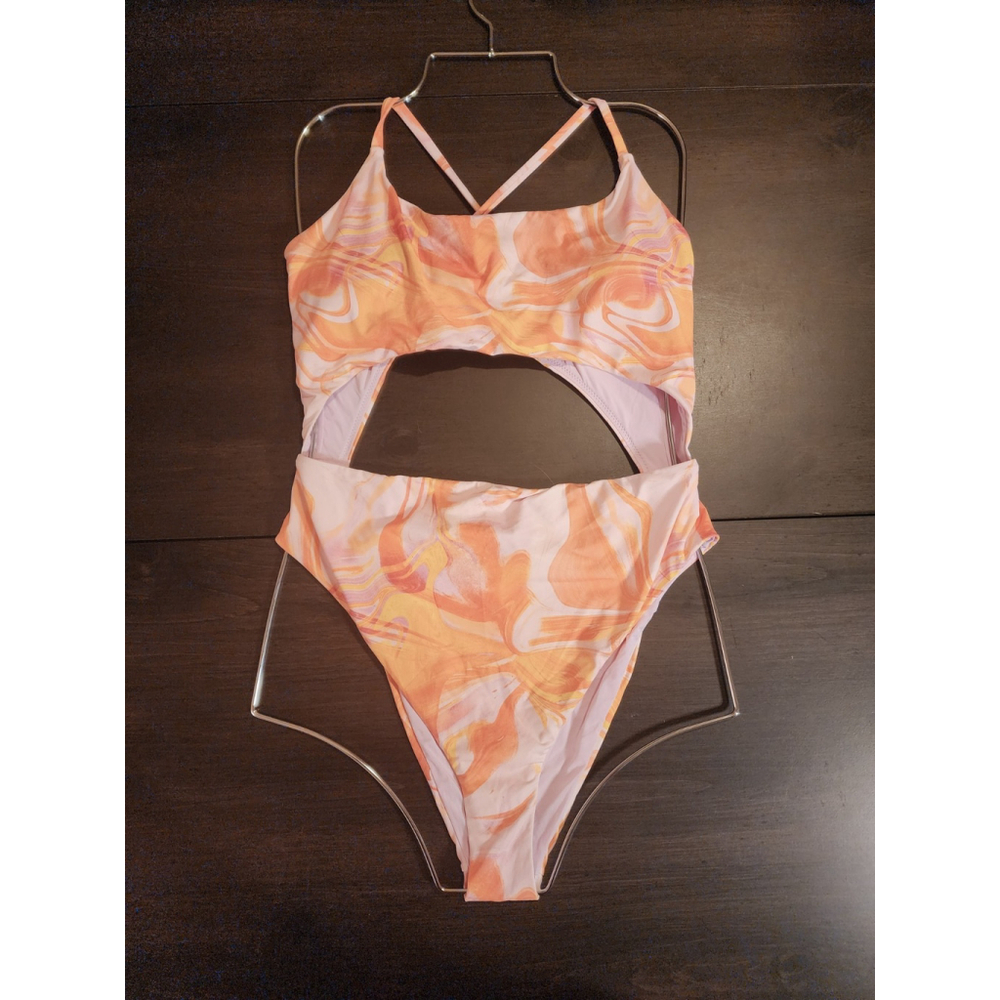 Aqua One piece Swimsuit Bathing Suit LARGE Pink Orange Yellow Swirl - Picture 5 of 16